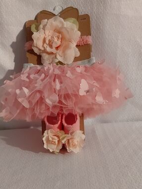 First Steps Baby Pink Tutu Booties 3 Pc Set Skirt & Flower Shoe Set - Kids Shoes